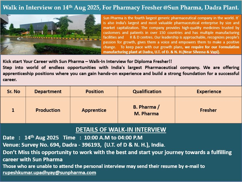Freshers Needed In Apprentice (Production) At Sun Pharma Freshers Needed In Apprentice (Production) At Sun Pharma