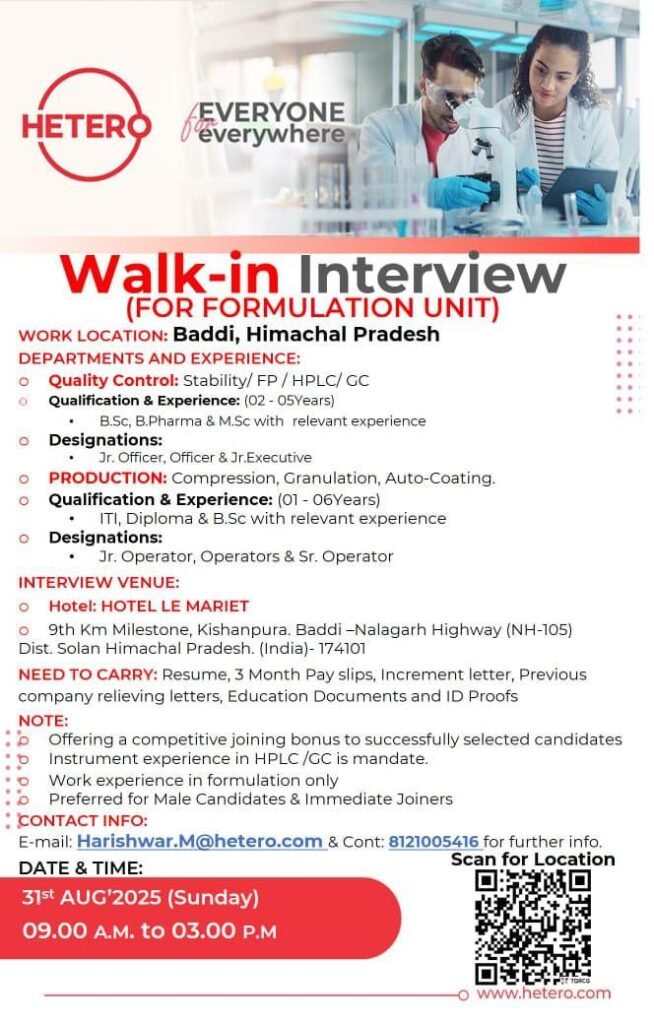 Hetero Hiring For Production, Quality Control Department Hetero Hiring For Production, Quality Control Department