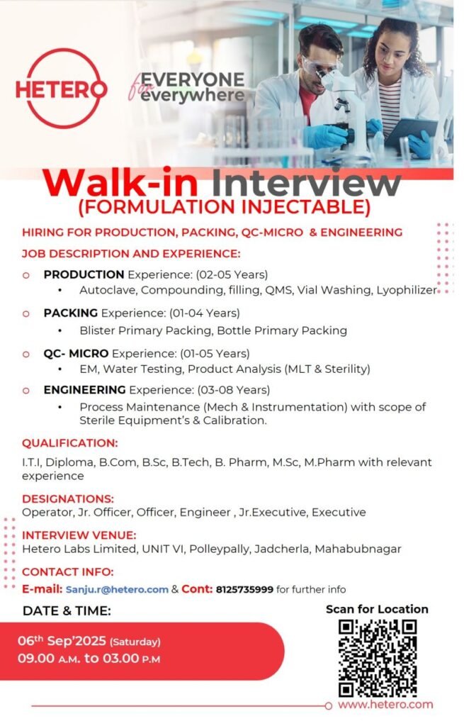 Hetero Labs Hiring Production, Engineering, QC, Packing Hetero Labs Hiring Production, Engineering, QC, Packing
