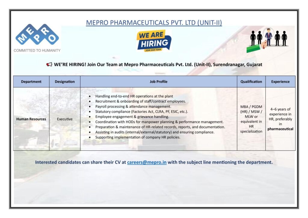 Mepro Pharmaceuticals Hiring For human resource Mepro Pharmaceuticals Hiring For human resource