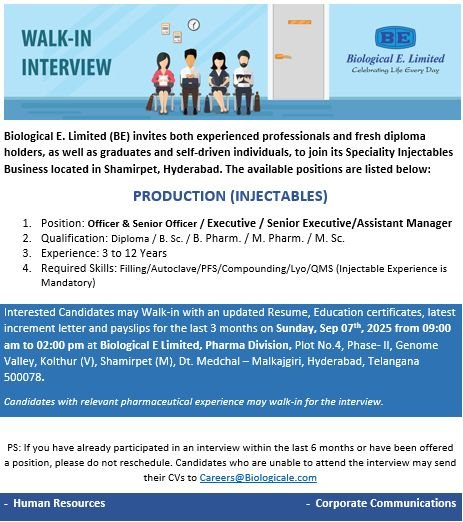Biological E Limited Hiring For Production Biological E Limited Hiring For Production