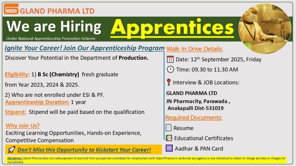 Freshers Needed In Apprentice – Production Department At GLAND PHARMA LTD Freshers Needed In Apprentice – Production Department At GLAND PHARMA LTD