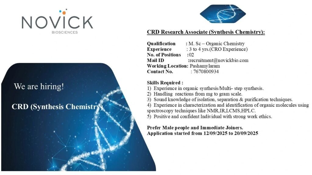 Novick Biosciences Hiring For CRD Research Associate Novick Biosciences Hiring For CRD Research Associate