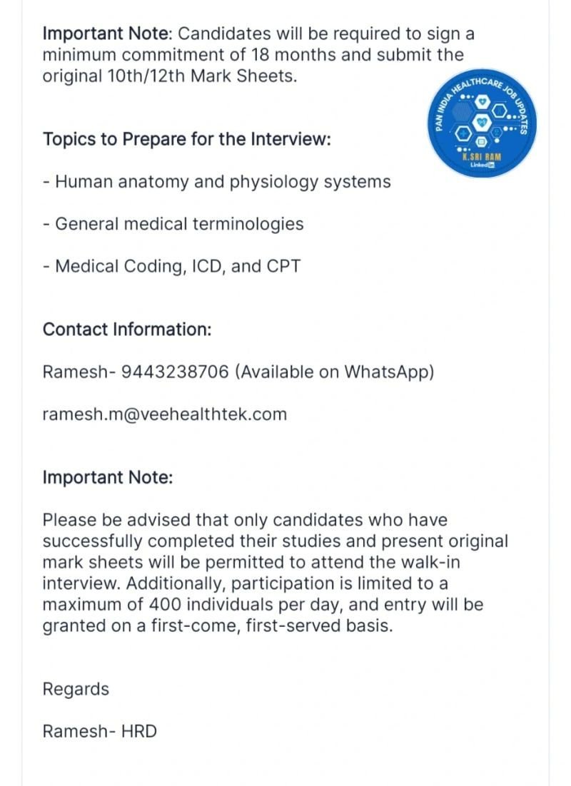 Freshers Needed In Medical Coding At Vee Healthtek Freshers Needed In Medical Coding At Vee Healthtek