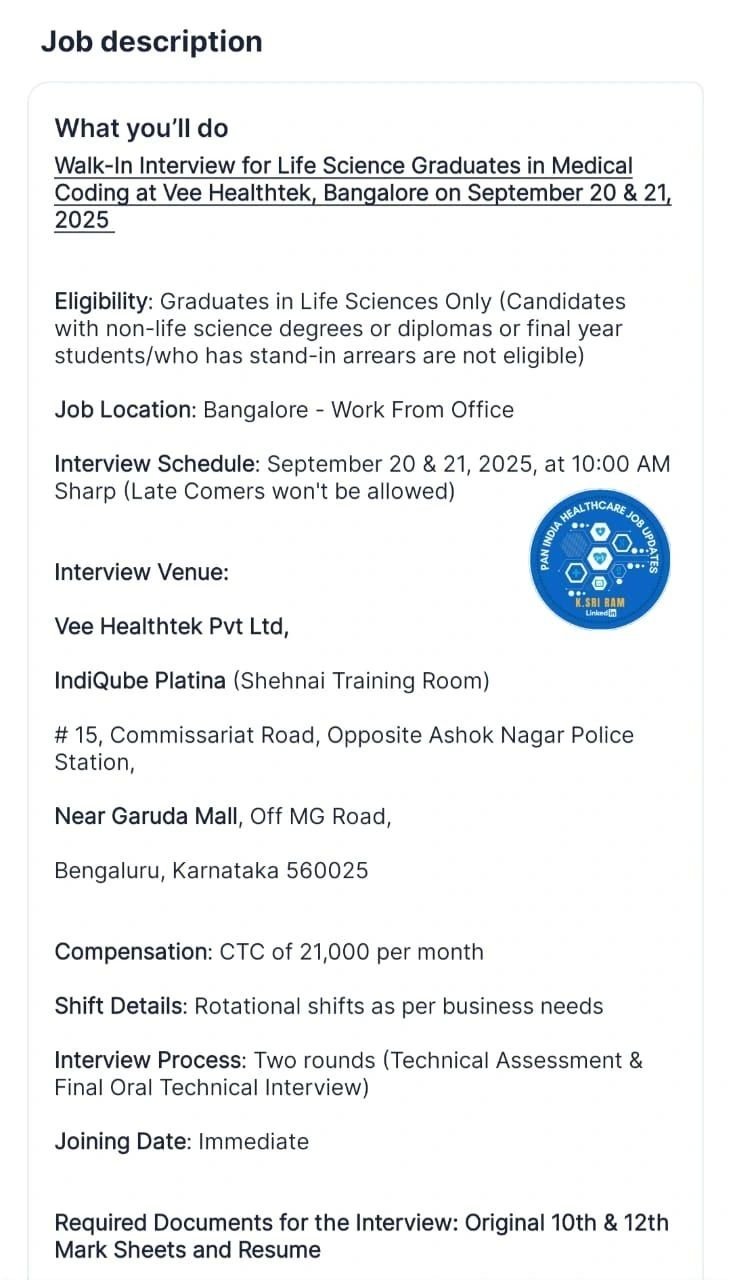 Freshers Needed In Medical Coding At Vee Healthtek Freshers Needed In Medical Coding At Vee Healthtek