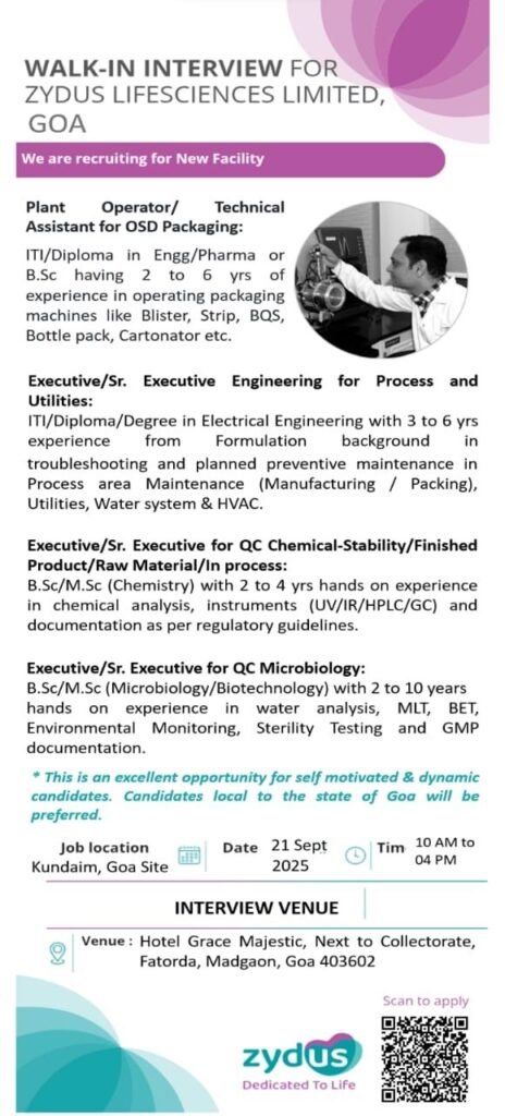 Zydus Lifesciences Hiring For Packaging / Engineering / QC Microbiology Zydus Lifesciences Hiring For Packaging / Engineering / QC Microbiology