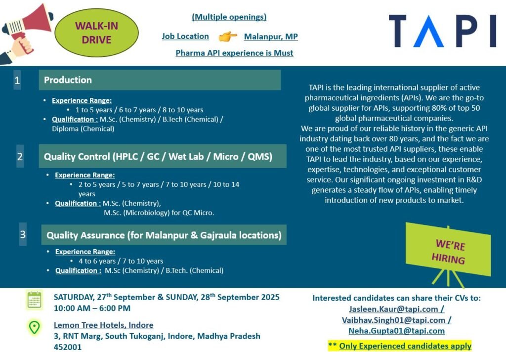 TAPI Hiring For QA, QC, Production TAPI Hiring For QA, QC, Production