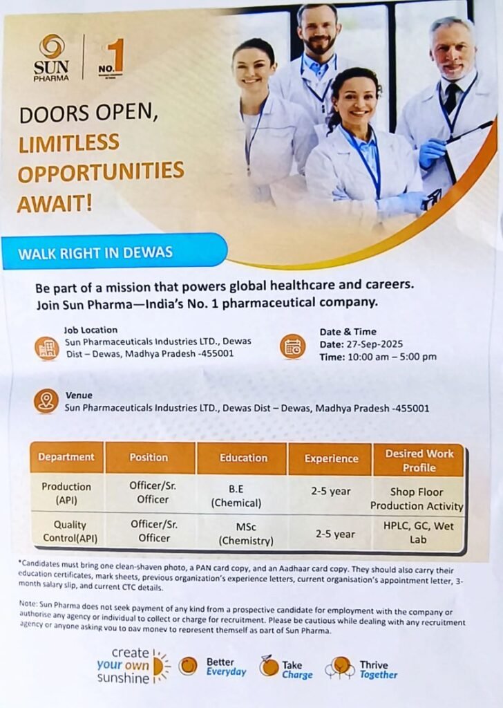 Sun Pharma Hiring For Quality Control, Production Sun Pharma Hiring For Quality Control, Production