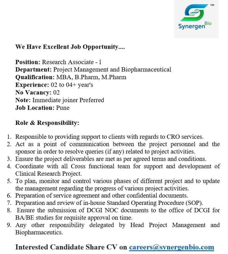 Synergen Hiring For Research Associates