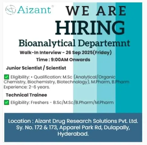 Freshers Needed In Junior Scientist, Technical Trainee At Aizant Drug Research