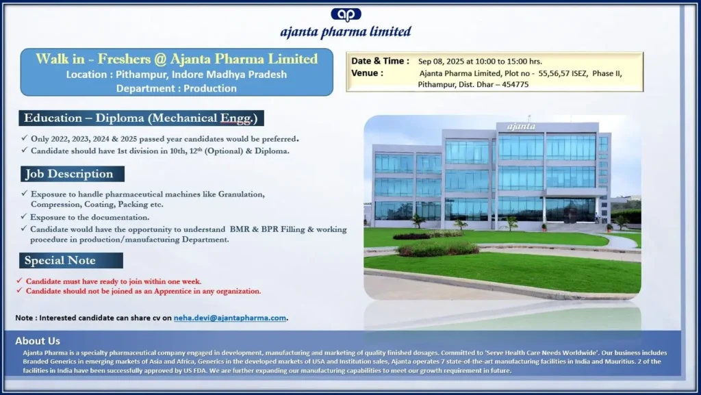 Freshers Needed In Production At Ajanta Pharma Limited Freshers Needed In Production At Ajanta Pharma Limited