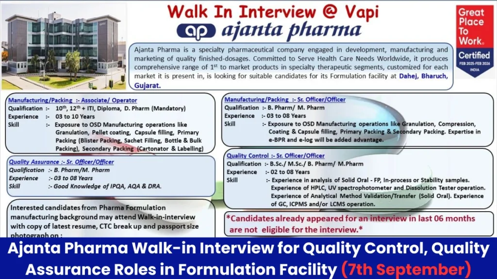 Ajanta Pharma Hiring Manufacturing / Packing / QC / QA Ajanta Pharma Hiring Manufacturing / Packing / QC / QA