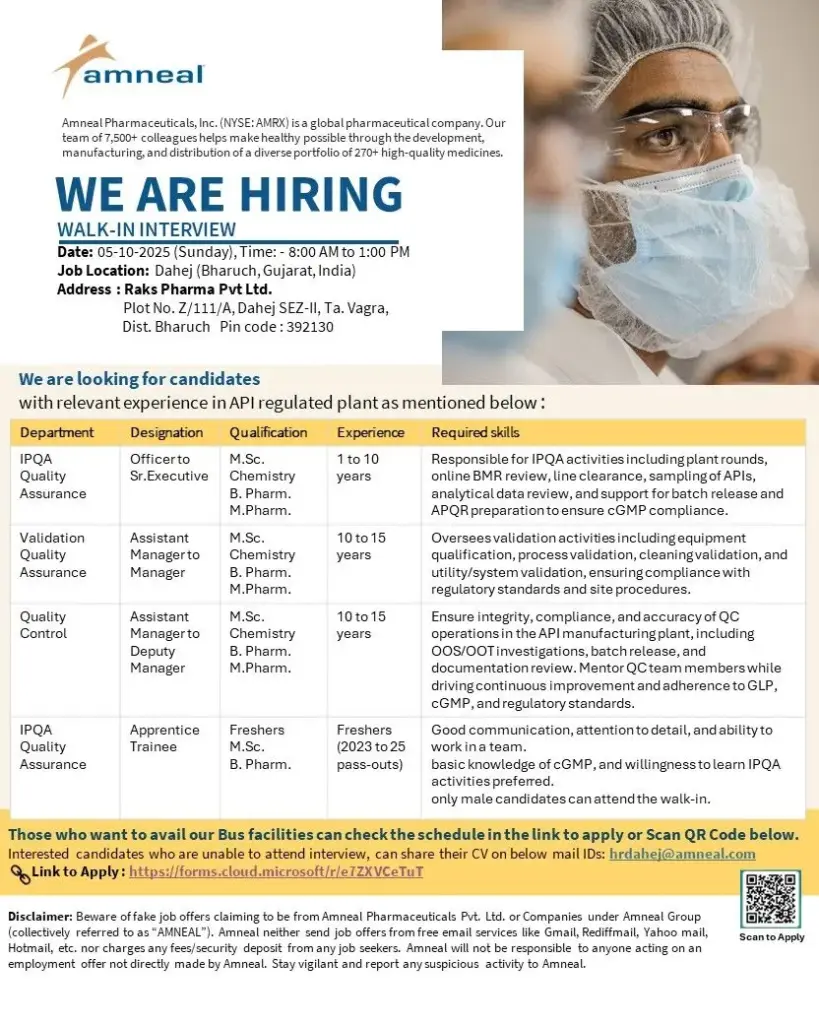 Freshers Needed In QC, QA At Amneal Pharmaceuticals Freshers Needed In QC, QA At Amneal Pharmaceuticals