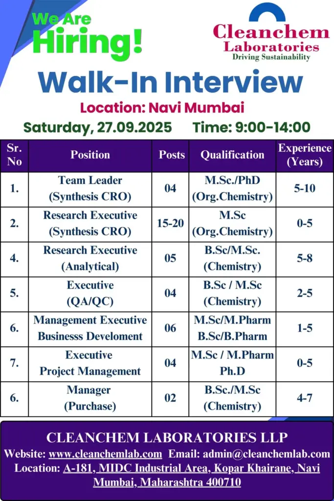 Freshers Needed In Multiple Openings At Cleanchem Laboratories Freshers Needed In Multiple Openings At Cleanchem Laboratories