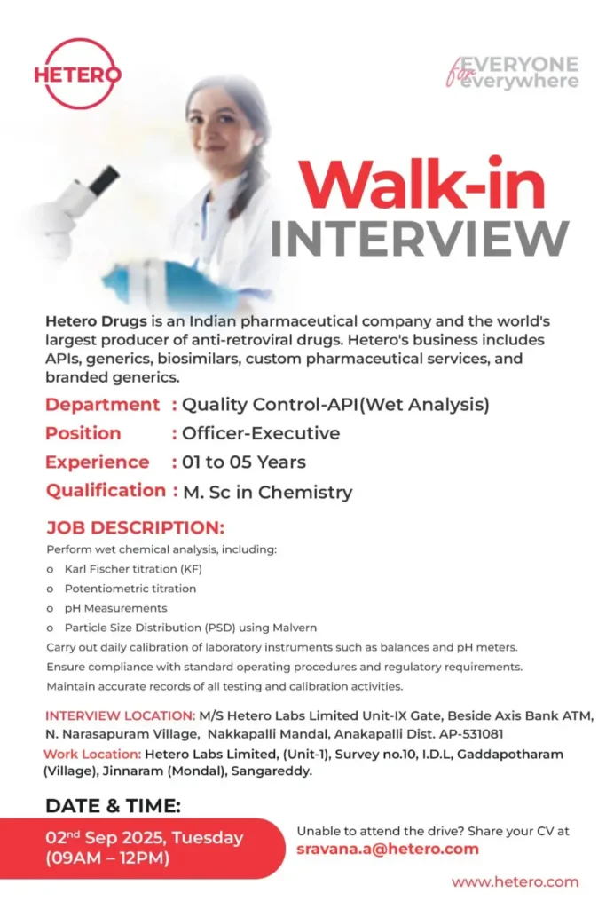 Hetero Drugs Hiring For Quality Control Hetero Drugs Hiring For Quality Control