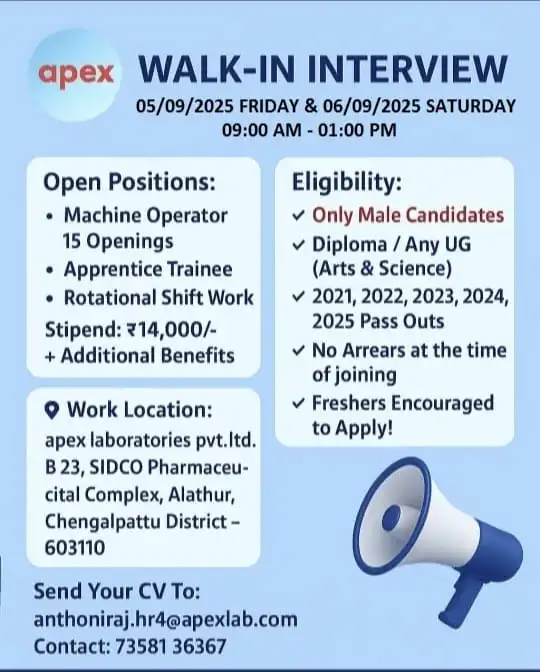 Freshers Needed In Machine Operator / Apprentice At Apex Laboratories Freshers Needed In Machine Operator / Apprentice At Apex Laboratories