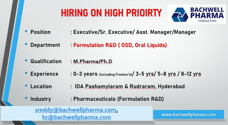 Freshers Needed In Formulation R&D At Bachwell Pharma