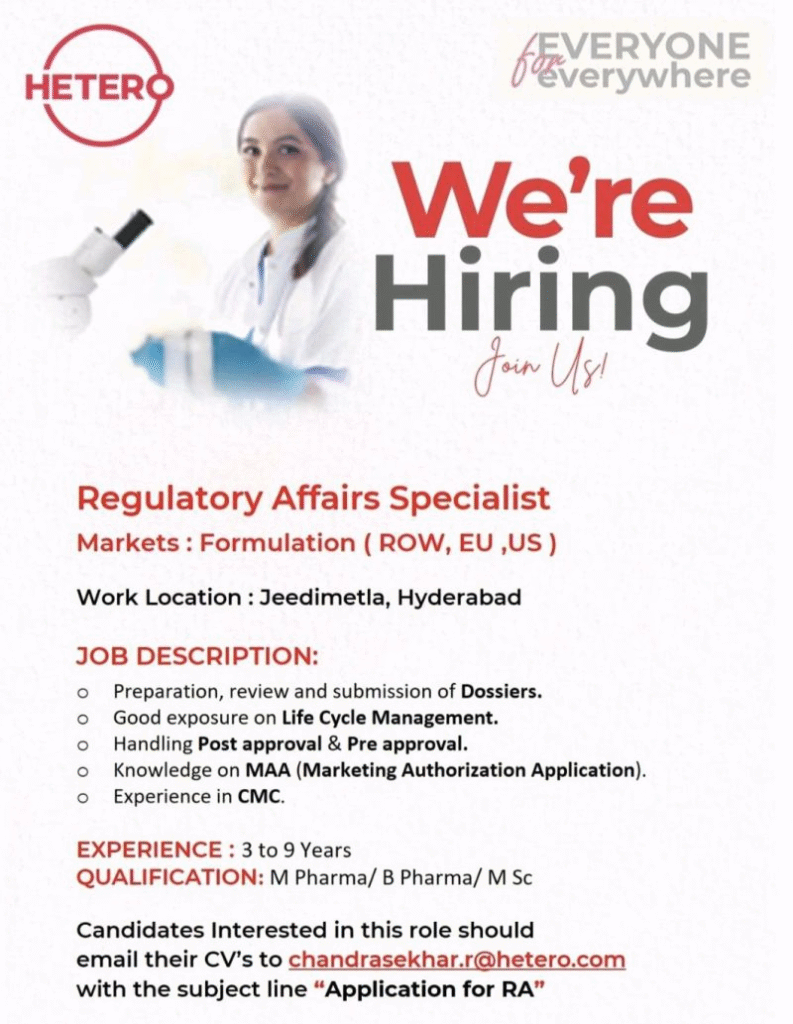 Hetero Hiring For Regulatory Affairs Specialist Hetero Hiring For Regulatory Affairs Specialist