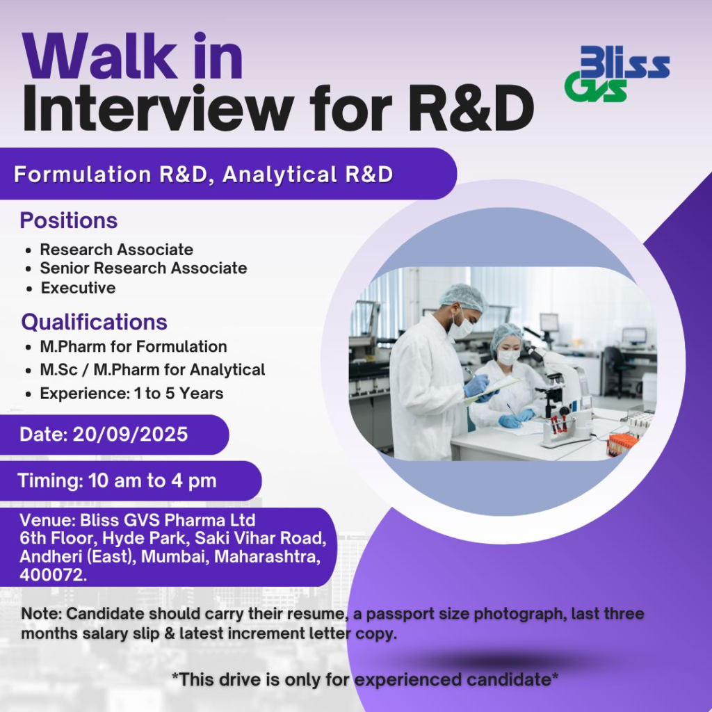 Bliss GVS Pharma Hiring For R&D department Bliss GVS Pharma Hiring For R&D department
