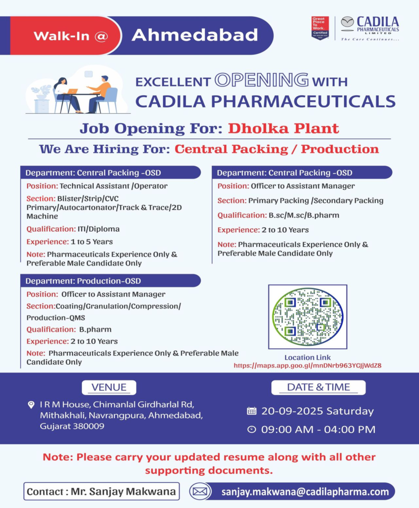 Cadila Pharmaceuticals Hiring For Production, Central Packing Cadila Pharmaceuticals Hiring For Production, Central Packing