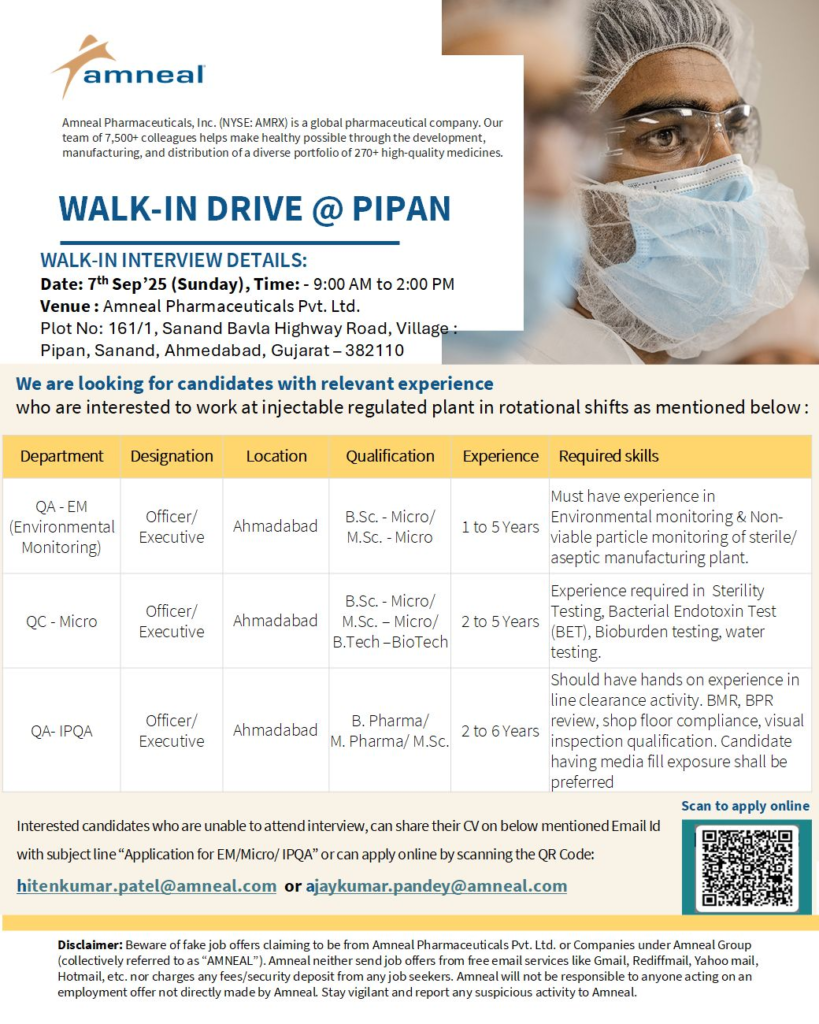 Amneal Pharmaceuticals Hiring For QA, QC Amneal Pharmaceuticals Hiring For QA, QC