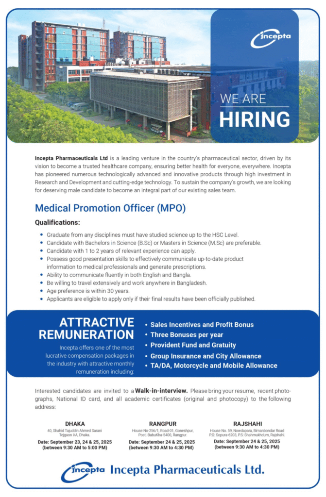 Incepta Pharmaceuticals Hiring For Medical Promotion Officer Incepta Pharmaceuticals Hiring For Medical Promotion Officer
