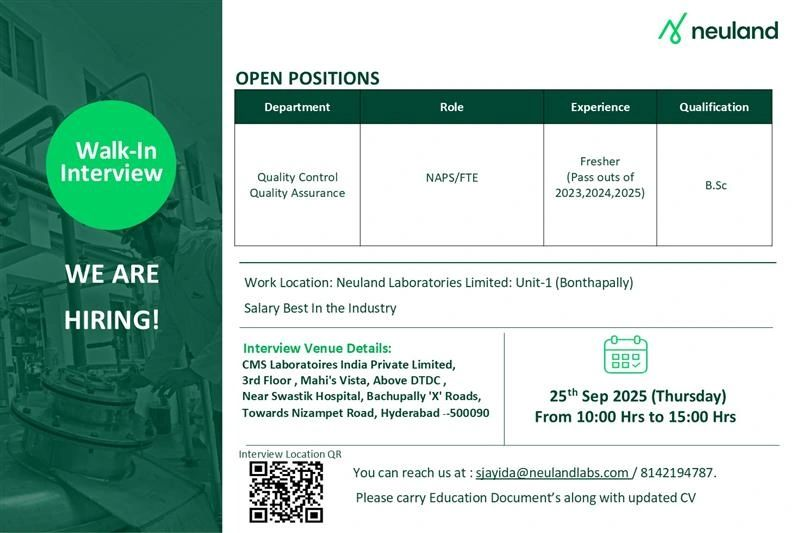 Freshers Needed In Quality Control & Quality Assurance At Neuland Laboratories Limited Freshers Needed In Quality Control & Quality Assurance At Neuland Laboratories Limited