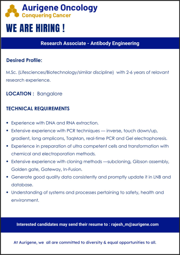 Aurigene Oncology Hiring For Research Associate - Antibody Engineering