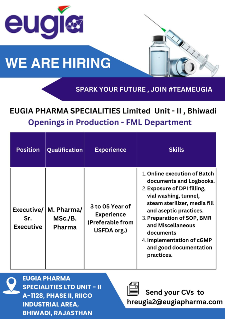 EUGIA Pharma Hiring For Production / Technical Assistant EUGIA Pharma Hiring For Production / Technical Assistant