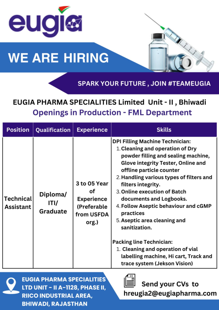 EUGIA Pharma Hiring For Production / Technical Assistant EUGIA Pharma Hiring For Production / Technical Assistant