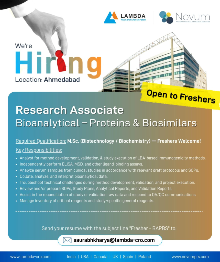 Freshers Needed In Research Associate – Bioanalytical At LAMBDA Research Freshers Needed In Research Associate – Bioanalytical At LAMBDA Research