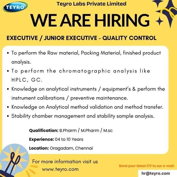 Teyro Labs Hiring For Quality Control / Junior Executive Teyro Labs Hiring For Quality Control / Junior Executive