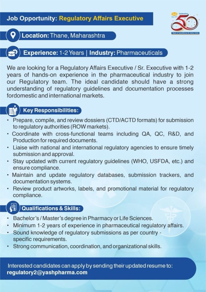 Yash Pharma Hiring For Regulatory Affairs Executive Yash Pharma Hiring For Regulatory Affairs Executive