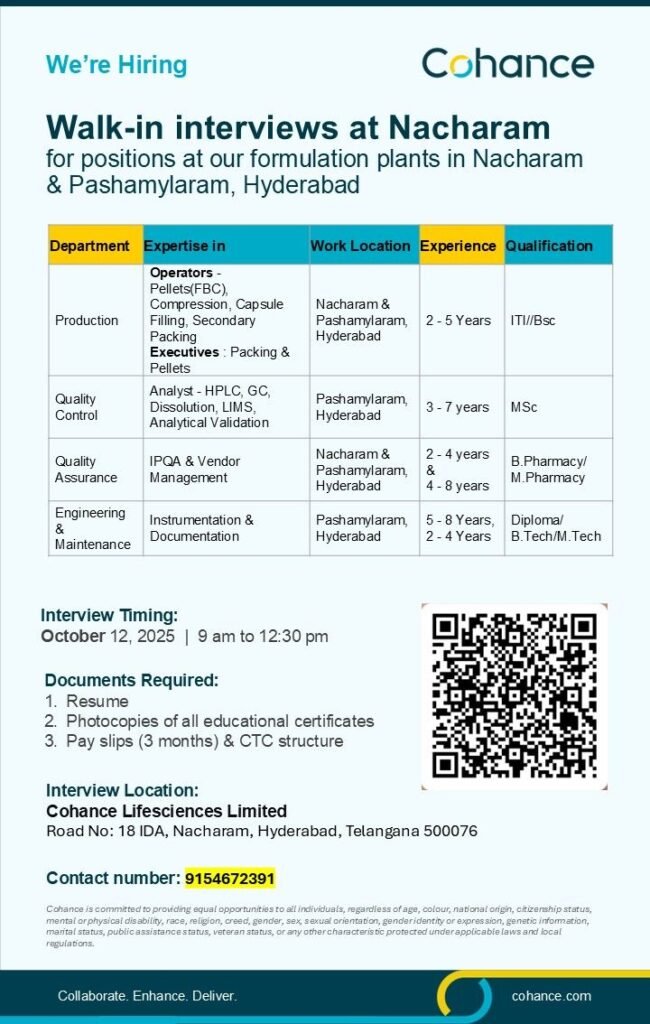 Cohance Lifesciences Hiring For Quality Control / Quality Assurance / Engineering / Production Cohance Lifesciences Hiring For Quality Control / Quality Assurance / Engineering / Production