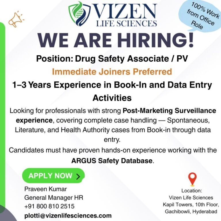 Vizen Life Sciences Hiring For Drug Safety Associate / pharmacovigilance