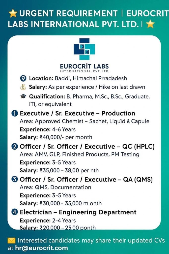Eurocrit Labs Hiring For Production / QC / QA / Engineering