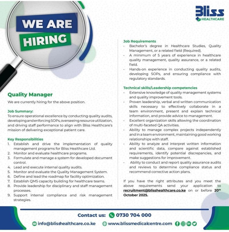 Bliss Healthcare Hiring For Quality Manager Position
