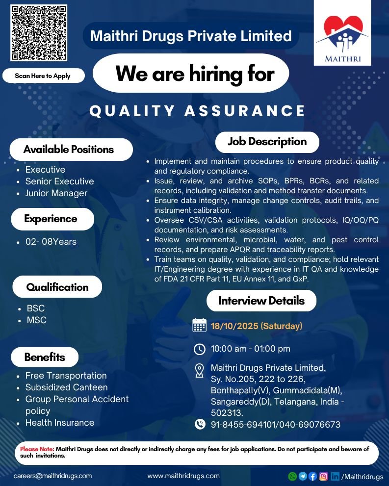 Maithri Drugs Hiring For Quality Assurance Maithri Drugs Hiring For Quality Assurance