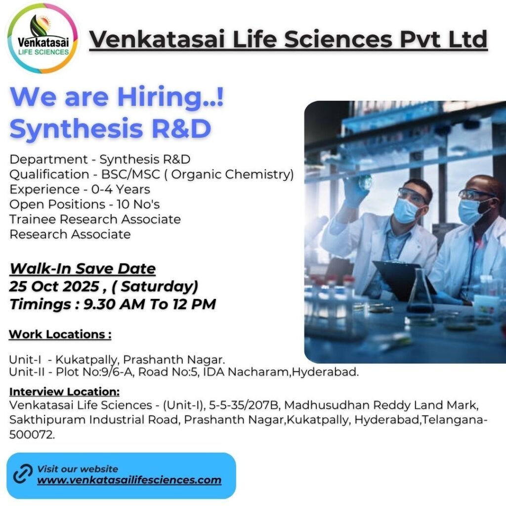 Freshers Needed In Synthesis R&D At Venkatasai Life Sciences