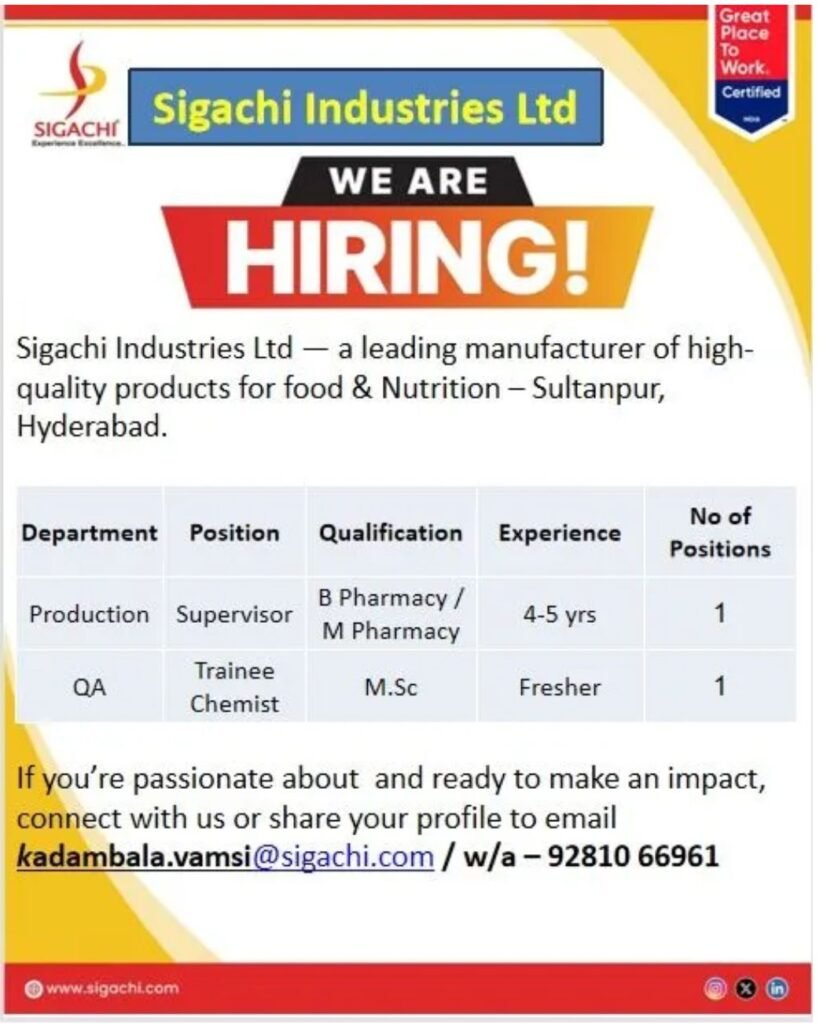 Fresher Needed In QA Trainee, Production Supervisor At Sigachi Industries Fresher Needed In QA Trainee, Production Supervisor At Sigachi Industries