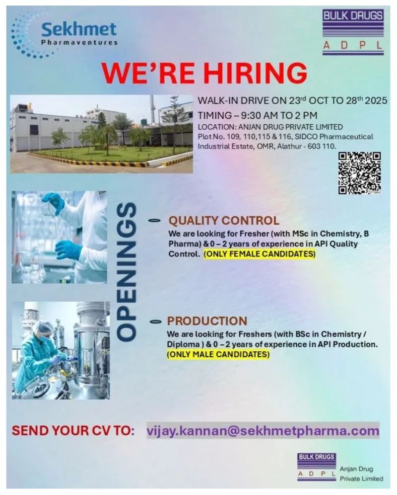 Fresher Needed In Production, Quality Control At Sekhmet Pharmaventures Fresher Needed In Production, Quality Control At Sekhmet Pharmaventures