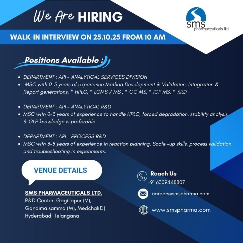 Fresher Needed In Analytical Services Division / Process R&D / Analytical R&D At SMS Pharmaceuticals Fresher Needed In Analytical Services Division / Process R&D / Analytical R&D At SMS Pharmaceuticals