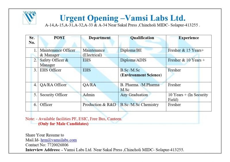 Freshers Needed In Maintenance / Production / R&D / Admin / QA / RA / EHS At Vamsi Labs Ltd Freshers Needed In Maintenance / Production / R&D / Admin / QA / RA / EHS At Vamsi Labs Ltd