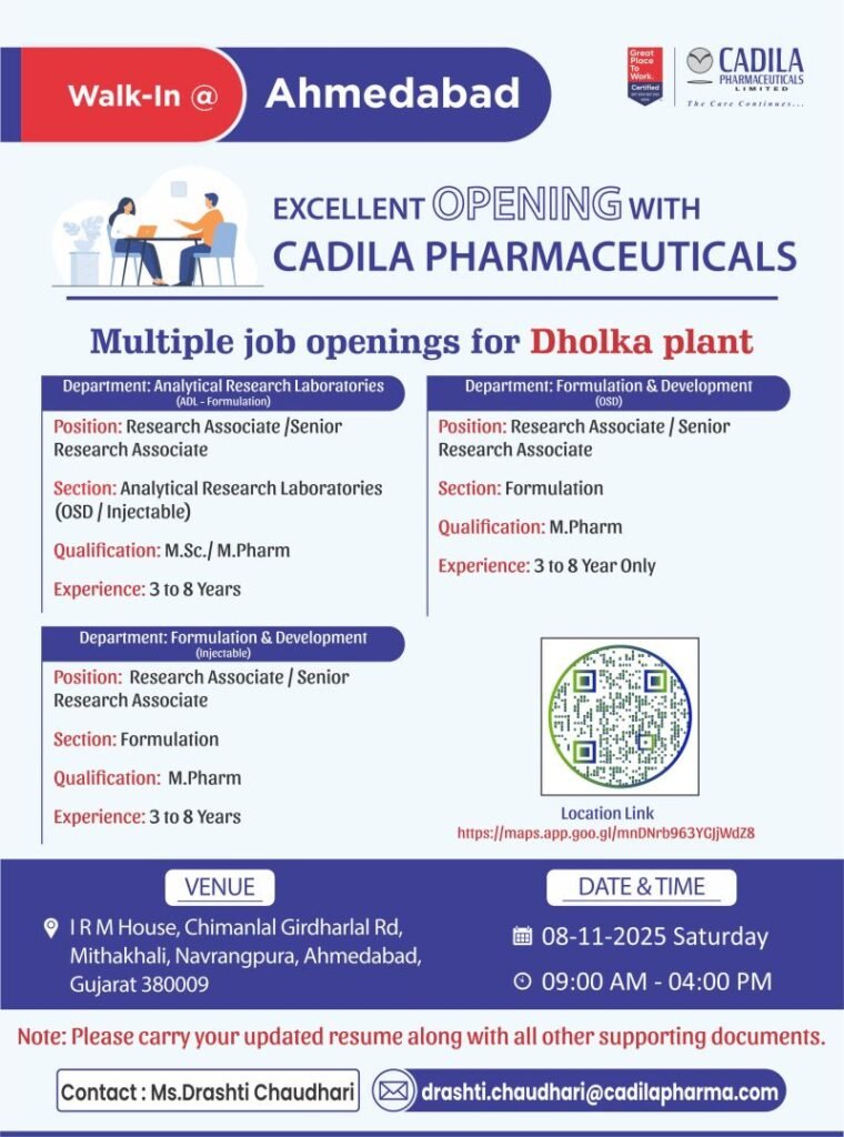 Cadila Pharmaceuticals Hiring For Analytical Research Laboratories, Formulation & Development Cadila Pharmaceuticals Hiring For Analytical Research Laboratories, Formulation & Development