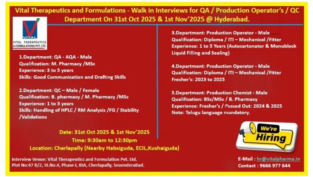 Freshers Needed In Quality Assurance, Quality Control, Production At Vital Therapeutics Freshers Needed In Quality Assurance, Quality Control, Production At Vital Therapeutics