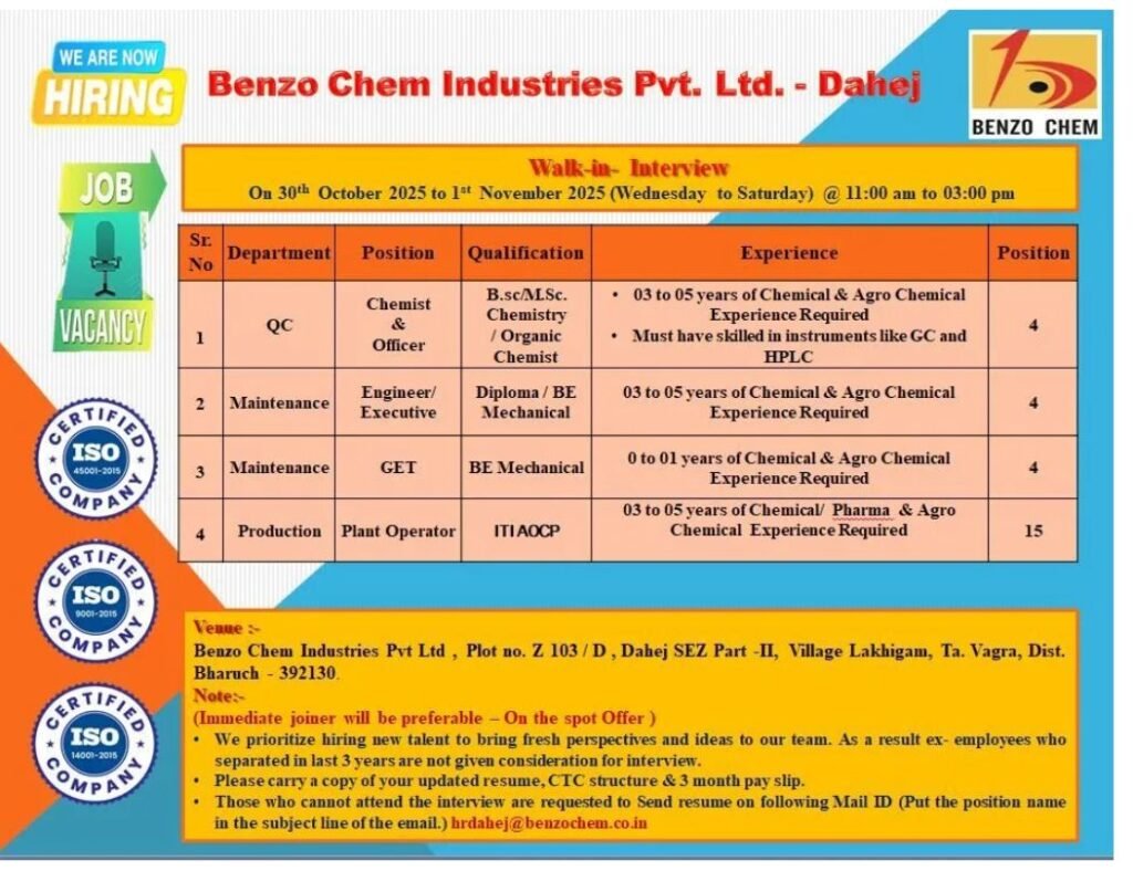 Freshers Needed In Production / Maintenance / QC Department At Benzo Chem Freshers Needed In Production / Maintenance / QC Department At Benzo Chem