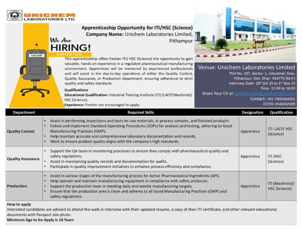 Apprenticeship Opportunity For Freshers At Unichem Laboratories Apprenticeship Opportunity For Freshers At Unichem Laboratories