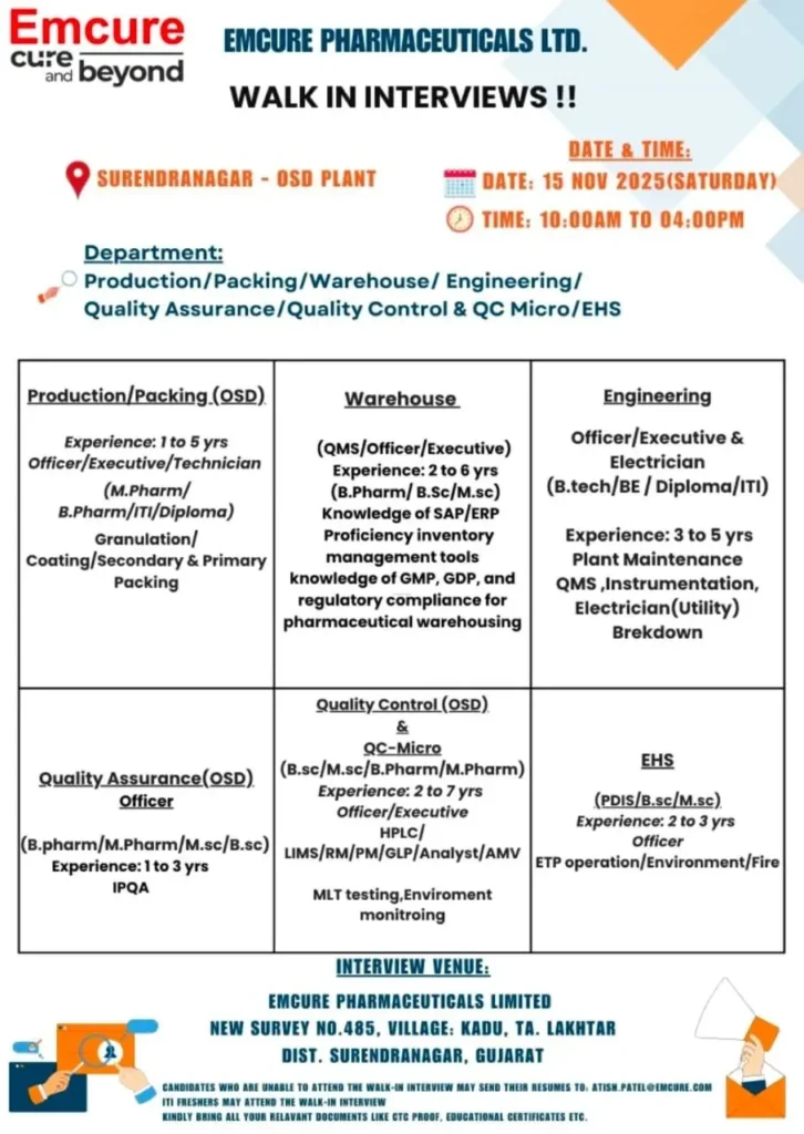 Emcure Pharmaceuticals Hiring For Production, Warehouse, Engineering, QA, QC, EHS Emcure Pharmaceuticals Hiring For Production, Warehouse, Engineering, QA, QC, EHS