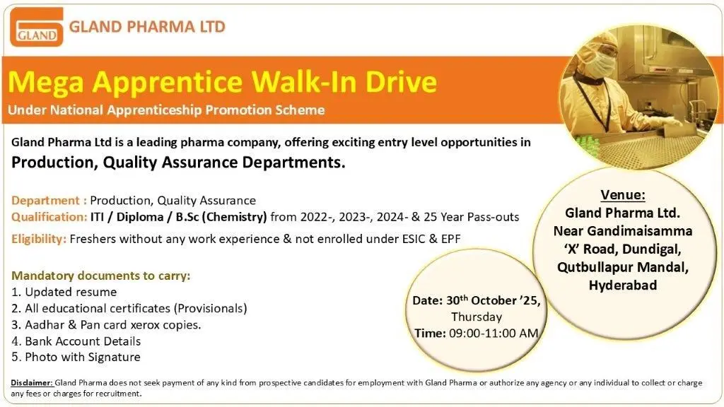 Gland Pharma Hiring Freshers For Apprentice Roles