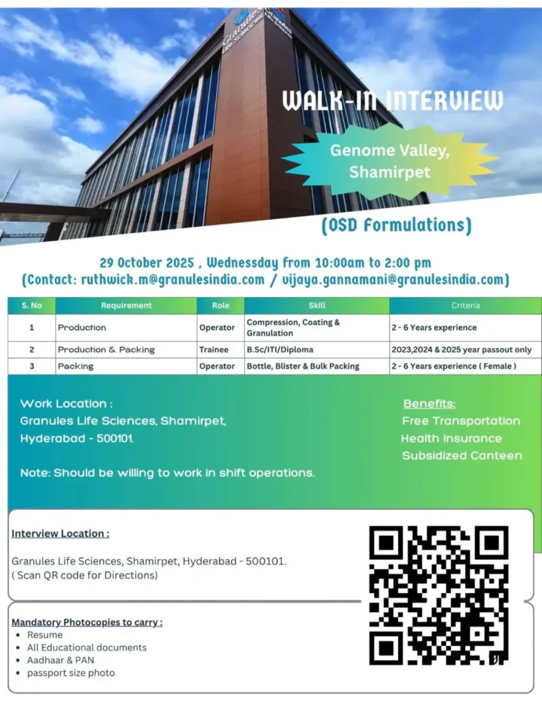 Granules India Hiring For Production & Packing Granules India Hiring For Production & Packing